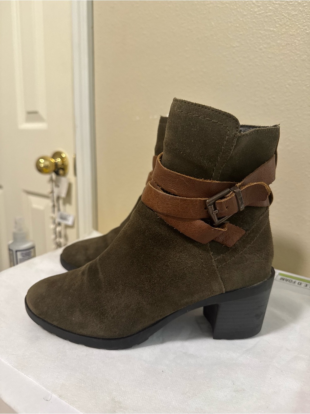Cougar Olive Suede Ankle Booties with Brown Wrap Strap